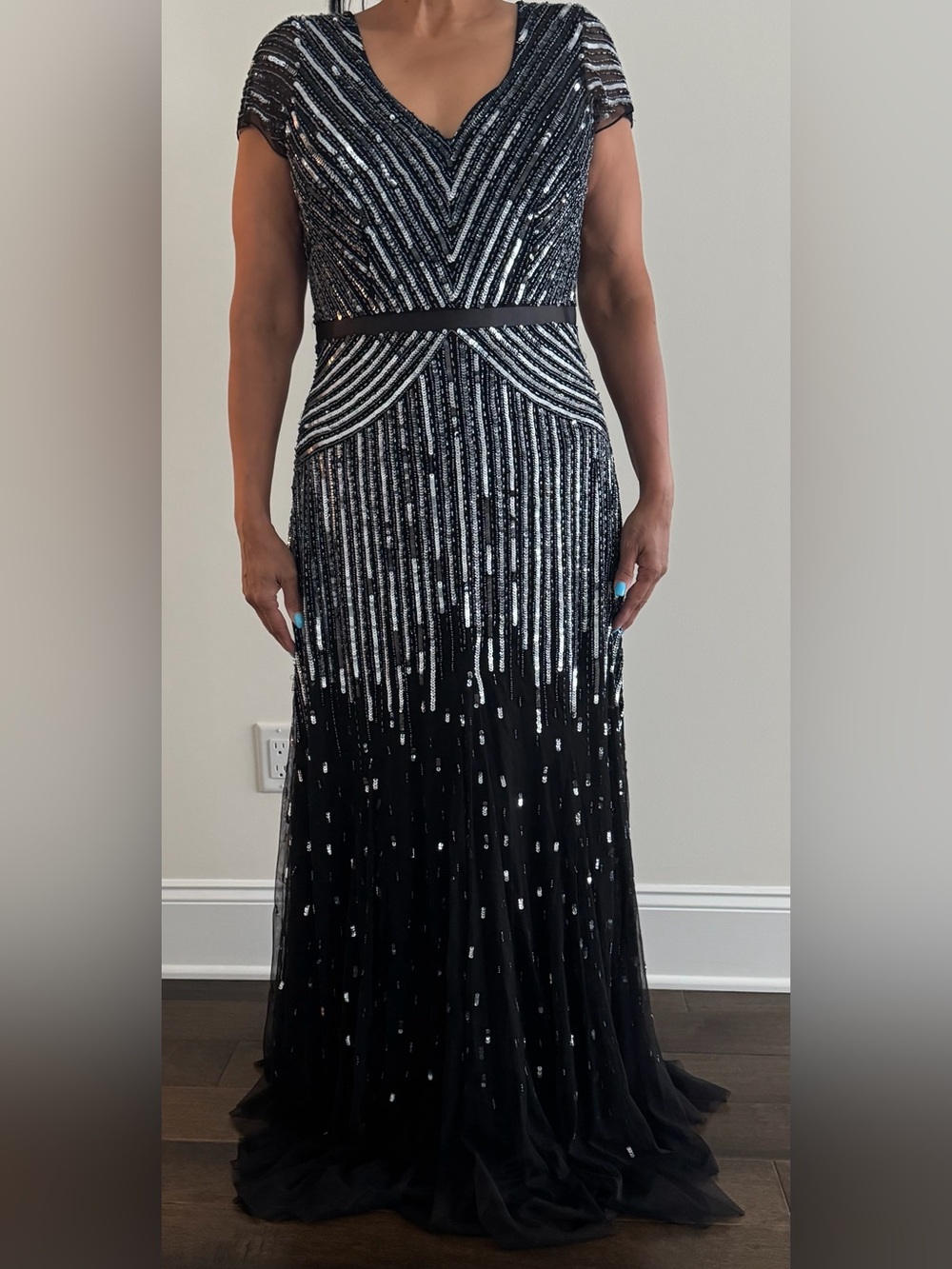 Adrianna Papell Black & Silver Beaded Maxi Gown